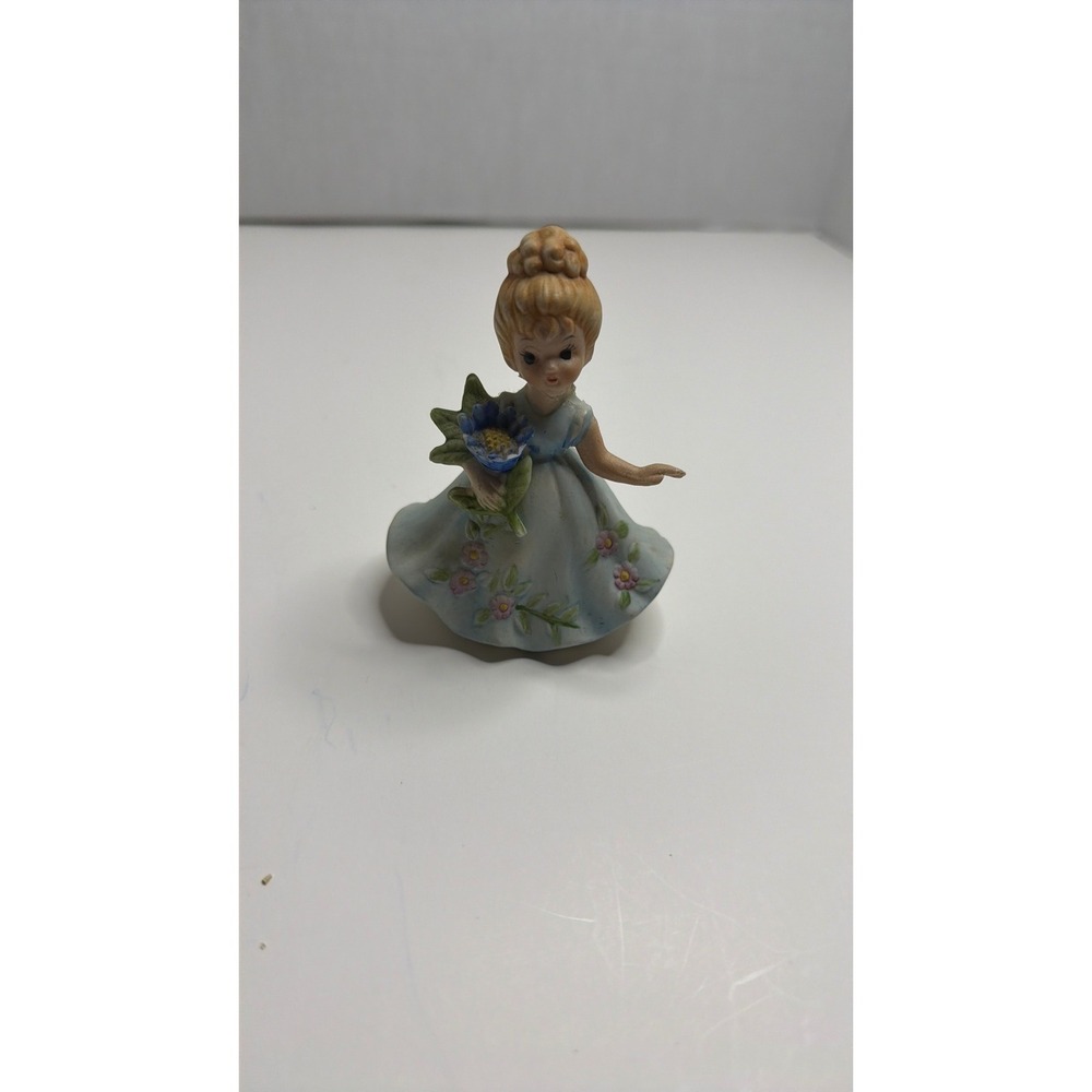 Cute Girl Figurine Holding Blue Flower Light Blue Dress Tabletop Decor